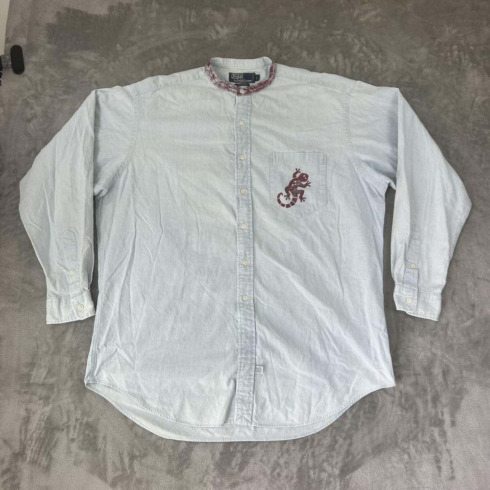 Polo Ralph Lauren Shirt Mens Large Blue Chambray Lizard Pocket Band Collar - Picture 3 of 16